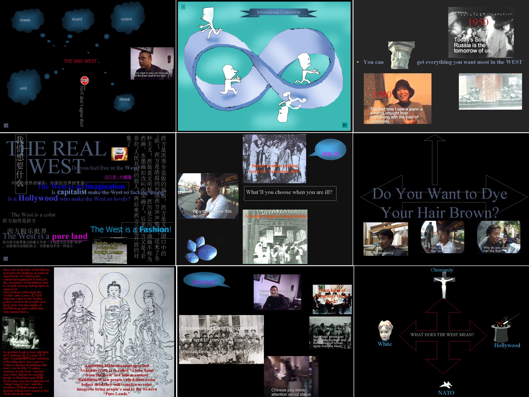 1999《西方》互动演示，界面截图拼贴。